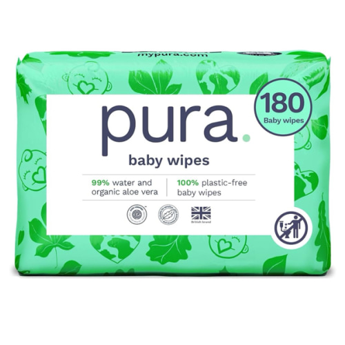 Pura Natural Sensitive Baby Wipes, 99% Water, Unscented & Hypoallergenic, Suitable for Sensitive & Eczema-prone Skin, Fragrance Free & Hypoallergenic, EWG Verified, 3 x 60 per pack (180 Wipes)