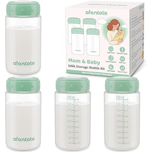 Breastmilk Storage Bottle Compatible with Momcozy Breast Milk Cooler 22oz, 4PCS Breast Milk Container for Fridge, Wide-Neck Baby Bottles for Pumping Fit Spectra/Motif Luna Flange, 9.5oz, Green