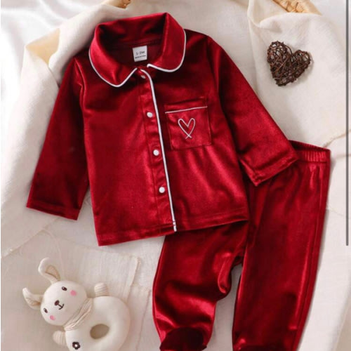 Newborn Baby Pajamas-2 Piece Pajama Set Velvet Red Heart Pocket Button Front Collar Long Sleeve Top Matching Long Pants Holiday New Year 2026 Must Have All Season Infant Sleepwear Cozy Gentle Luxury Gift Party Nightwear Festive Cute | SHEIN USA