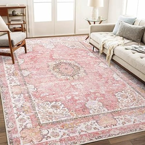 5'x7' Area Rugs Washable,Pink Rug for Living Room Bedroom,Large Boho Vintage Bohemian Distressed Oriental Carpet Non Slip,Blush Floral Flowers