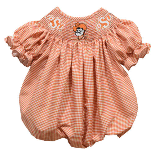OSU Cowboys Smocked Orange Gingham Short Sleeve Girls Bubble