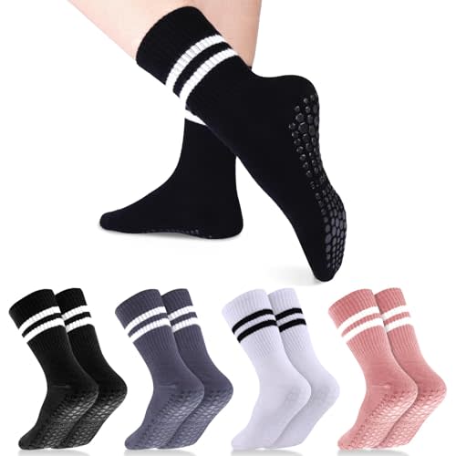 Jspupifip 4 Pairs Pilates Grippy Socks for Women, Long Non Slip Yoga Socks with Grips Crew Socks for Pilates Barre Hospital