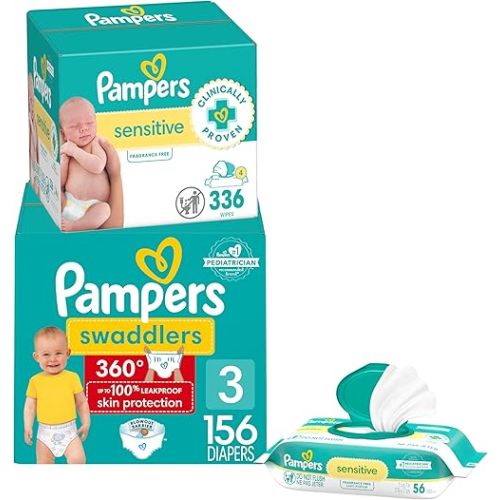 Pampers Swaddlers 360 Pull-On Diapers, Size 3, 156 Count, with Sensitive Baby Wipes, 4 Flip-Top Packs (336 Wipes Total) [Packaging May Vary]