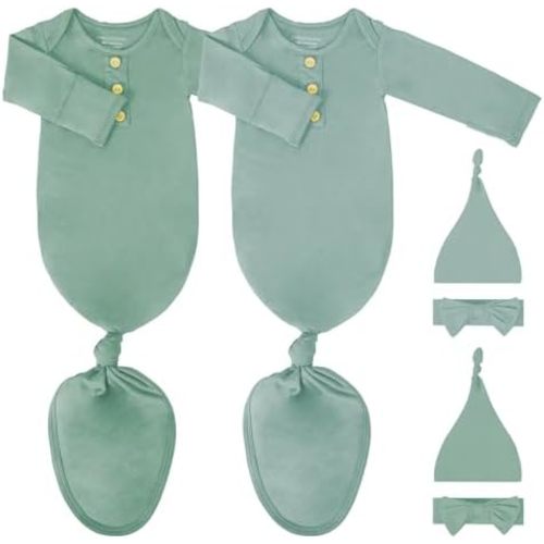 2Pack Newborn Baby Knotted Gown, Super Soft Modal Infant Long Sleeve Sleeper with Hat and Headband Set