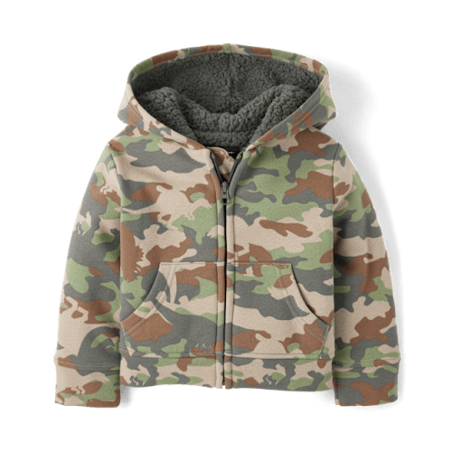 Baby And Toddler Camo Premium Fleece Sherpa Lined Zip Up Hoodie - Green