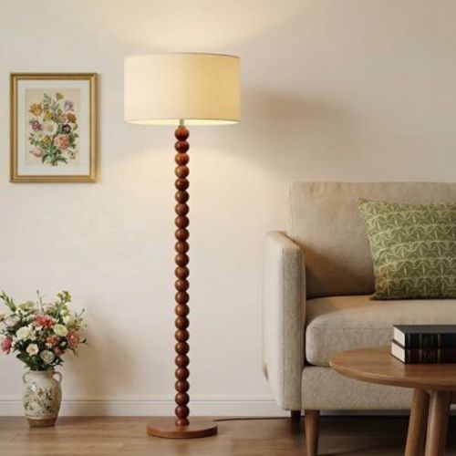 61" Walnut Wood Standing Floor Lamp with Beige Linen Drum Shade,UL Listed,Modern Accent Light for Living Room,Bedroom,Hallway&Study,Beige