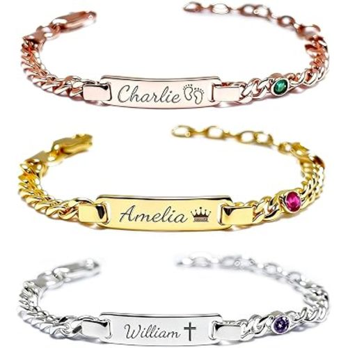 Custom Baby Bracelet Personalized Engraved Name Bracelet for Newborn Toddler Kids Boys Girls Hypoallergenic Stainless Steel Birthstone Bracelet for Baby Shower Birthday Gift