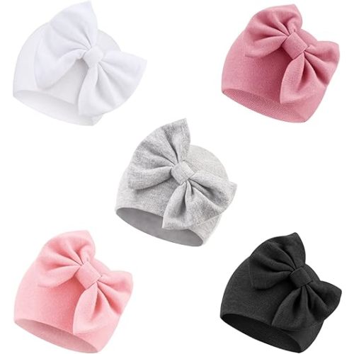 BQUBO Newborn Baby Girls Hats Hospital Hat Baby Cotton Beanie Infant Big Bow Hats for 0-24 Months