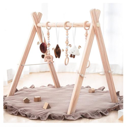 Razee Wooden Baby Play Gym Play Mat, Baby Gym with 6 Hanging Sensory Toys Foldable Baby Gym for Newborn Shower Gift