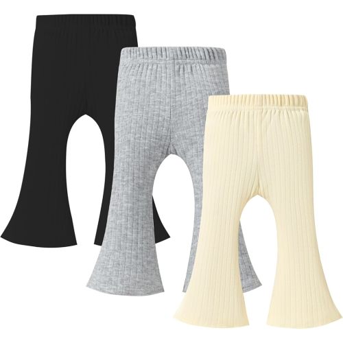 3 Pack Baby Girls Pants Solid Ruffled Ribbed Toddler Flared Pants Newborn Bell Bottoms Infant Leggings