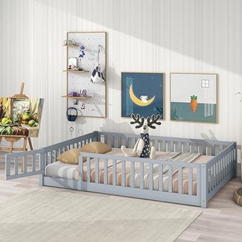 Bellemave Full Size Floor Bed Frame with Slats and Fence for Kids,Solid Wood Montessori Floor Bed with Door and Safety Guardrails for Girls Boys,Gray