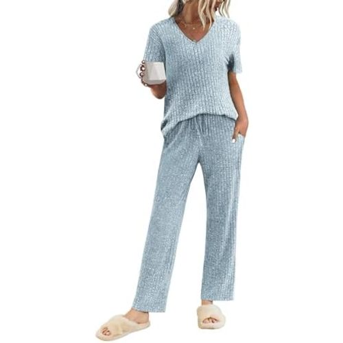 Ekouaer Womens Ribbed Knit Lounge Set Short Sleeve Top and Long Pants Sleepwear Pajama Set Two Piece Matching Outfits Set