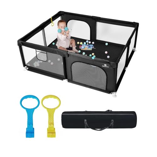 Baby Playpen with Mat, 71" x 59" Extra Large Play Yard for Babies and Toddlers, Baby Fence with Soft Thick Play Mat, Indoor Safety Activity Center for Infants, Easy to Assemble and Clean（Black）