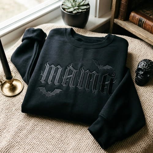 Embroidered Mama Sweatshirt – Gothic Bats Halloween Apparel