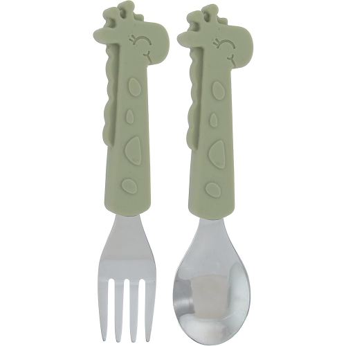 Nuby Animal Friends Silicone and Stainless Steel Fork and Spoon Set - 12+ Months - Green Giraffe