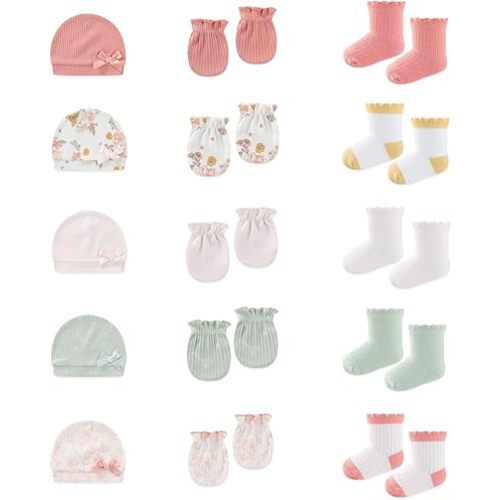 15 Pack Infant Hats Gloves Socks Unisex Baby Boy Girl Accessories Set Cotton New Born Caps Mittens