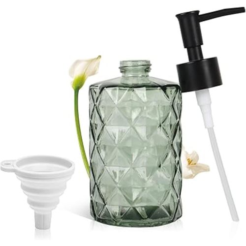 Green Glass Soap Dispenser, 11 Oz/330ml Liquid Hand Lotion Dispenser Set for Kitchen Sink and Bathroom, Dish Soap Dispenser Set, Lotion Glass Lotion Bottles with Black Pump (Army Green)