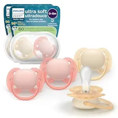 Philips Avent Ultra Soft Pacifiers - Orthodontic Design, for Babies 0-6 Months, Flexible Shield, Silicone Symmetrical Nipple, BPA-Free, 2 Sterilizing Cases, 4 Pack, SCF091/47