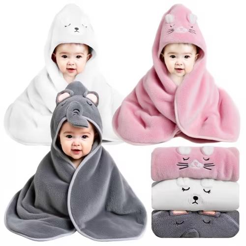 Lumikrypt 3 Pcs Hooded Baby Bath Towel, Premium Coral Fleece Large Size Bath Towel, 31.5 x 31.5 Inches, Super Absorbent, Great Gift for Newborns, Toddlers, and Children