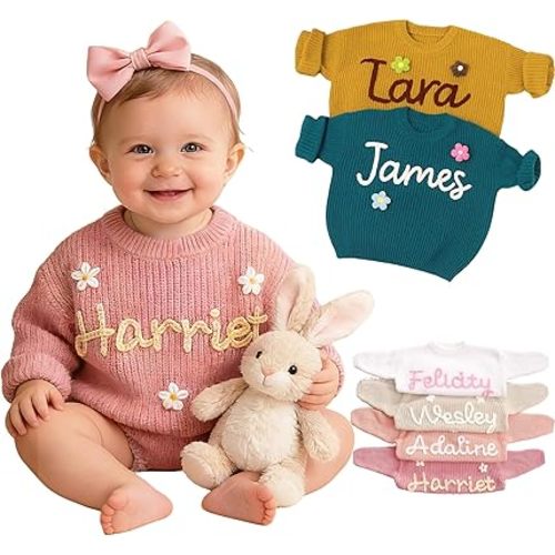 Personalized Baby Sweater with Name,Custom Hand-Embroidered Newborn Knit Sweaters for Girls & Boys,Chunky Oversized Kids Sweater Multi,Infant for Birthday,Baby Shower
