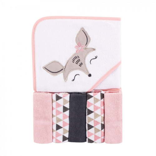 Luvable Friends Baby Girl Hooded Towel w/5 Washcloths, Deer, One Size