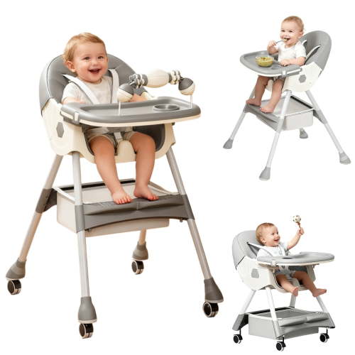 JieC 3 in 1 Baby High Chair, Foldable Baby Feeding Chair, for Infants and Toddlers 0-24 Months, Gray