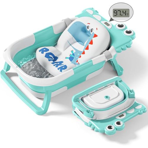 Collapsible Baby Bathtub for Newborn with Thermometer & 1 Soft Floating Cushion & Drain Hole, Foldable & Portable Travel Baby Bath Tub for Newborns to Toddlers 0-36 Months Boys, Cyan