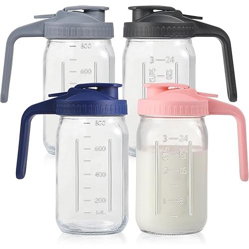 4 Pack 32oz Glass Pitcher with Lid, Double Leakproof Glass Mason Jar Pitcher with Pour Spout Lid, 1 Quart, Wide Mouth Storage Container for Breastmilk, Sun Tea, Juice, Cold Brew Coffee, Water