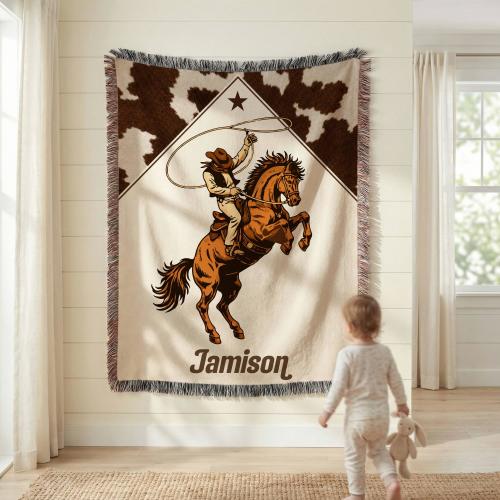 Texas Style Woven Blanket,  Newborn Name Blanket, Western Cowhide Horse Rideo Throw, Cowboy Western Nursery Decor