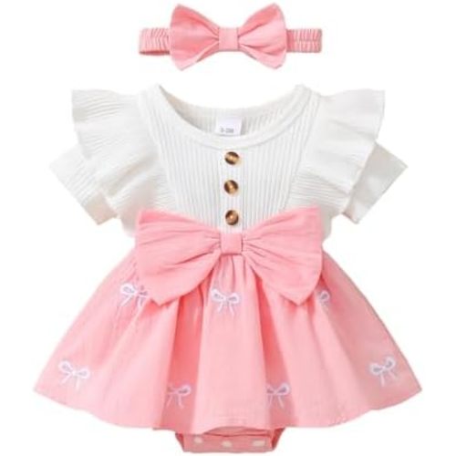 Baby Girl Summer Clothes Newborn Romper Dress Ruffle Short Sleeve Onesie Jumpsuit Outfits with Bow Headband