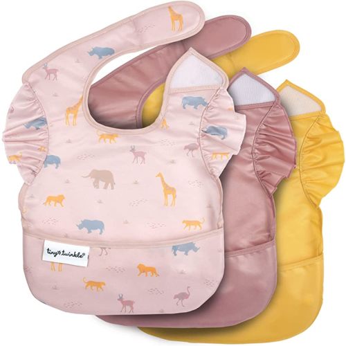 Tiny Twinkle Mess-Proof Baby Bibs for Eating | Waterproof, Wipeable Toddler Bibs with Catch-All Pocket | Feeding Bibs for Girls & Boys(3 Pack,Petite Safari)