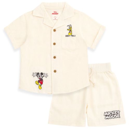 Disney Mickey Mouse Pluto Infant Baby Boys Linen Matching Family Button Down Shirt and Shorts Outfit Set Beige 18 Months
