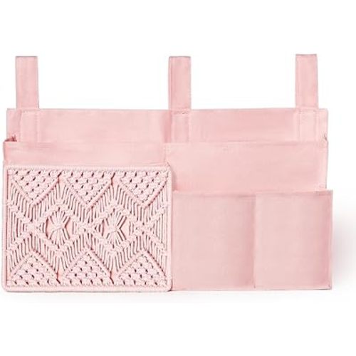 Mkono Bedside Caddy Hanging Organizer, Bunk Woven 7 Pockets Bed Storage Bag Boho Remote Magazine Books Holder with Macrame for Loft Bed College Dorm Bedroom Baby Bed Rails, Pink