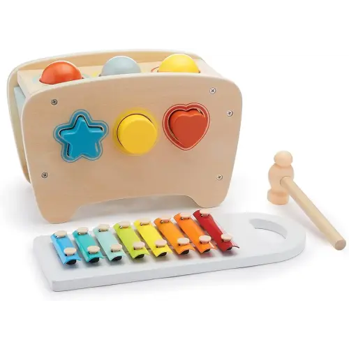 Amazon Basics Musical Pounding Bench With Xylophone and Shape Sorter Toy-Kids Gift for Toddlers, Age 18M+, Boy Girl Baby, 11.6 x 5.2 x 6.3 inches, Multicolor