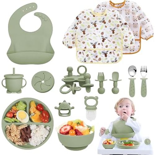 Silicone Baby Feeding Set, 14 Pcs Baby Led Weaning Supplies, Baby Spoons & Forks Suction Bowl Divided Plate Bib Cup, First Stage Solid Food Eating Utensils - 6+ Months (Green)