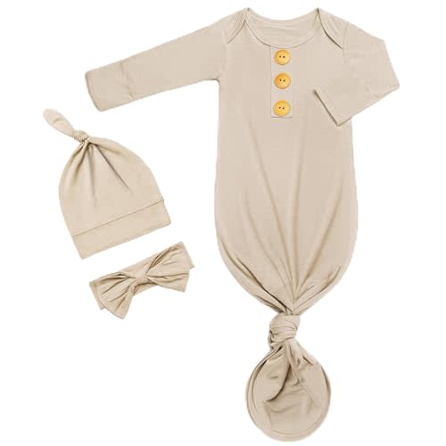 Soft Baby Knot Gown 0-3 Months, Newborn Announcement Sleepers With Mitten Cuffs and Personalized Wooden Name Tag