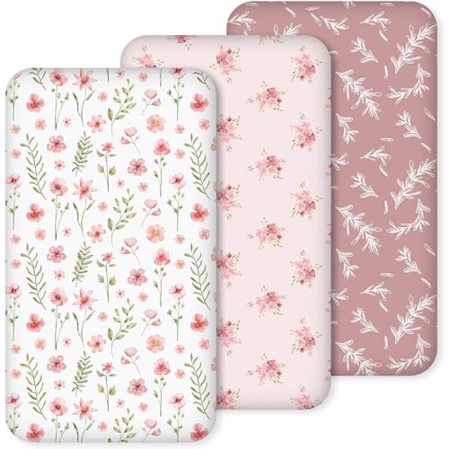 Nap Mat Sheet 47"x24", 3 Pack Pink Floral Baby Crib Sheets Fitted Elastic Corners, Preschool Day Care Rest Mat Cover, Soft Breathable - Compatible with Regalo My Cot, Joovy Travel Cot