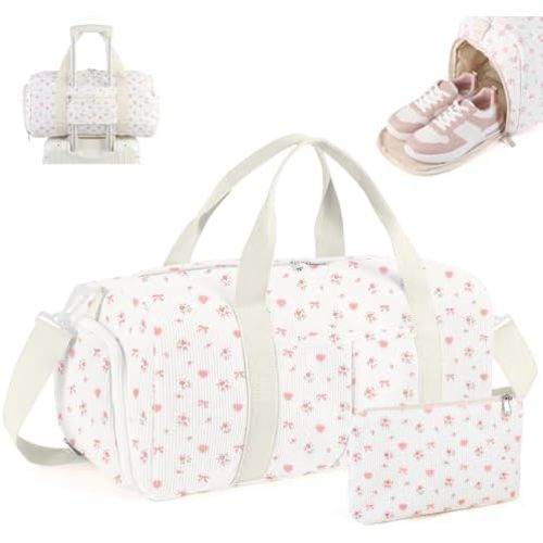 2PCS Cute Gym Bag for Girls, Corduroy Duffle Bag with Wet Pocket & Shoe Compartment and item bag, Duffle Bag for Travel, Sports, Fitness & Workout
