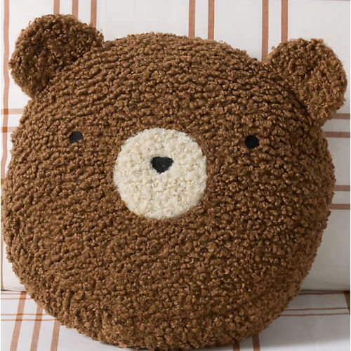 Cuddle Brown Sherpa Bear Face Embroidered Kids Throw Pillow