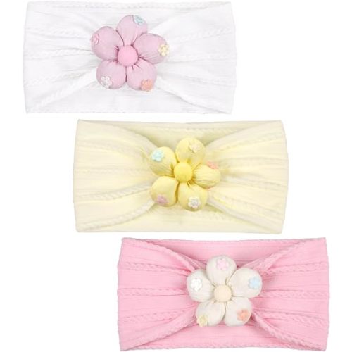 MIUXUESO 3 Piece Baby Girls Flower Headband, Florals Nylon Headband Soft Comfortable Elasticity Hairbands Baby Shower Newborn Essentials for Infant Toddlers (Yellow Pink White)