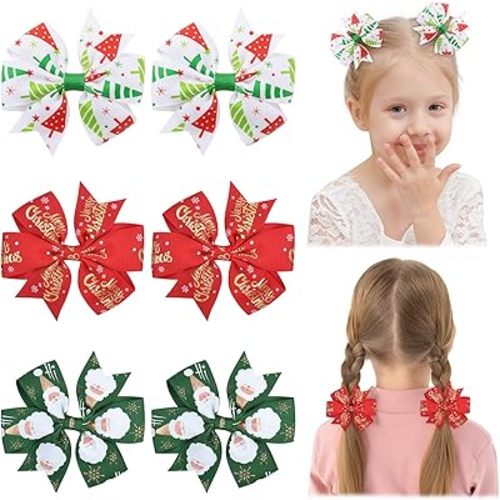 Choicbaby Christmas Hair Bows for Girls 3 Inches Red Hair Bows Clips for Toddler Christmas Pinwheel Bows Grosgrain Ribbon Kids Hair Accessories 6 Pack