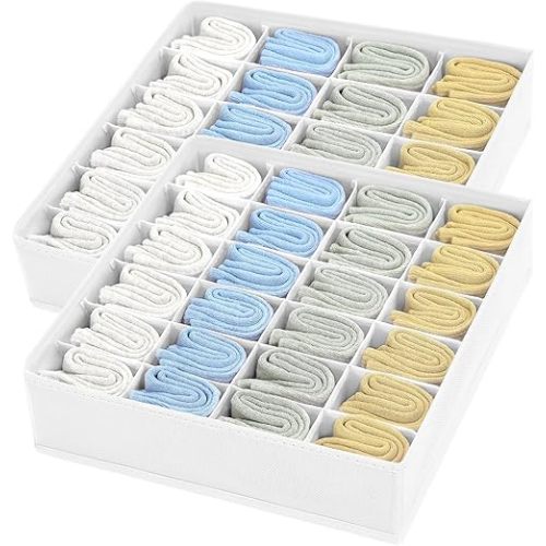 Joyoldelf Sock Organizer Drawer Organizer - 2 Packs Underwear Organizer, 48 Cells Collapsible Closet Organizers and Storage Sock Holders Organizers for Storing Socks, Ties, Belts(White)