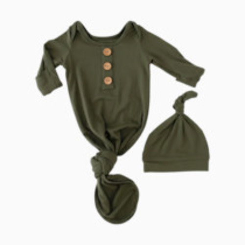 Caden Lane Bamboo Baby Knot Gown & Hat - Solid Olive, Newborn