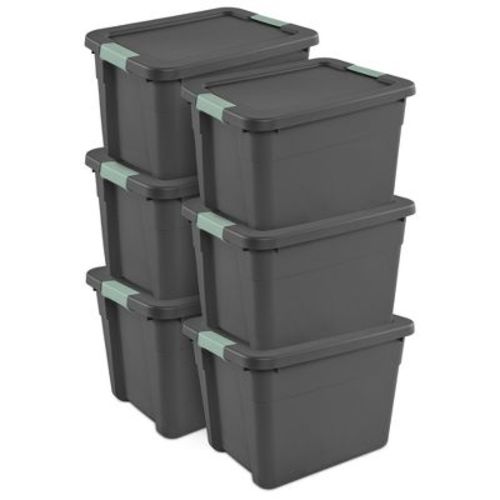 Sterilite 6 Pack Stackable Plastic Storage Tote Container Organizer Bin with Latching Lid for Home and Garage Organization,12 Gallon, Gray/Green
