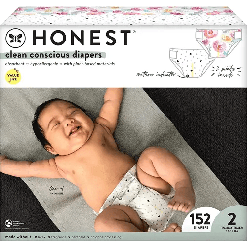 The Honest Company Clean Conscious Diapers | Plant-Based, Sustainable | Young At Heart + Rose Blossom | Super Club Box, Size 2 (12-18 lbs), 152 Count