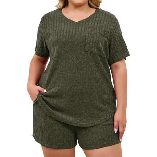 Koscacy Womens Plus Size Lounge Sets 2 Piece Short Sleeve Tops and Shorts Sleepwear Pajama Set with Pockets
