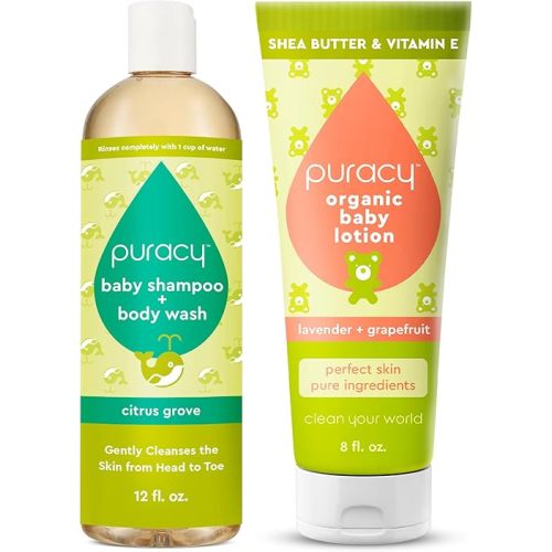 Puracy Shampoo & Body Wash for Children, Gently Scented for Sensitive Skin (Citrus Grove, 12 oz) and Organic Baby Lotion, Eczema Moisturizer for Infants and Newborns (Lavender & Grapefruit, 8oz)