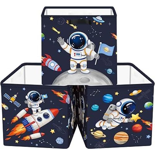 11.8" Outer Space Cube Storage Organizer Set 3Pcs Moon Rocket Cube Storage Bin for Bedroom Plant Rocket Kid Book Toy Chest, Blue