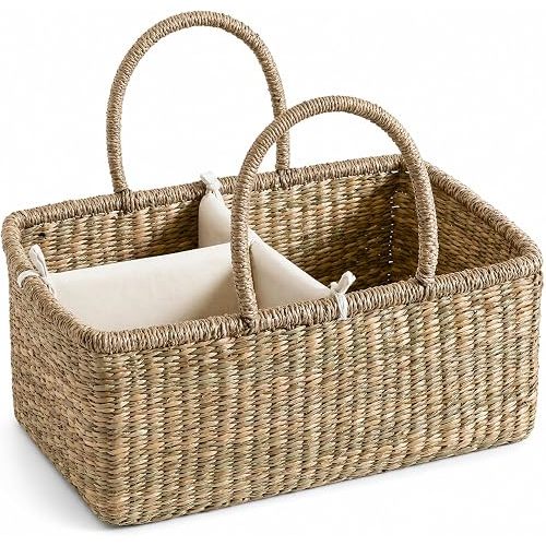 Quincry Premium Wicker Baby Diaper Caddy Organizer, Woven Seagrass Basket with Handles, Diaper Basket with Dividers (Rectangle)