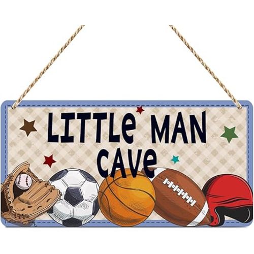 Boys Sports Little Man Cave Sign Boys Room Decor Soccer Basketball Baseball Football Wall Decor Wooden Hanging Plaque Wood Sign Home Bathroom Living Room Farmhouse Playroom Bedroom Nursery Decor